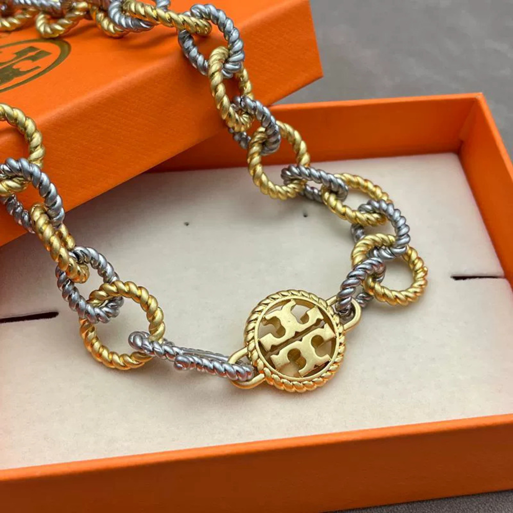 Tory Burch Twisted Rope Design Double Gold Plated Copper Bracelet Necklace Set - Picture 2 of 7